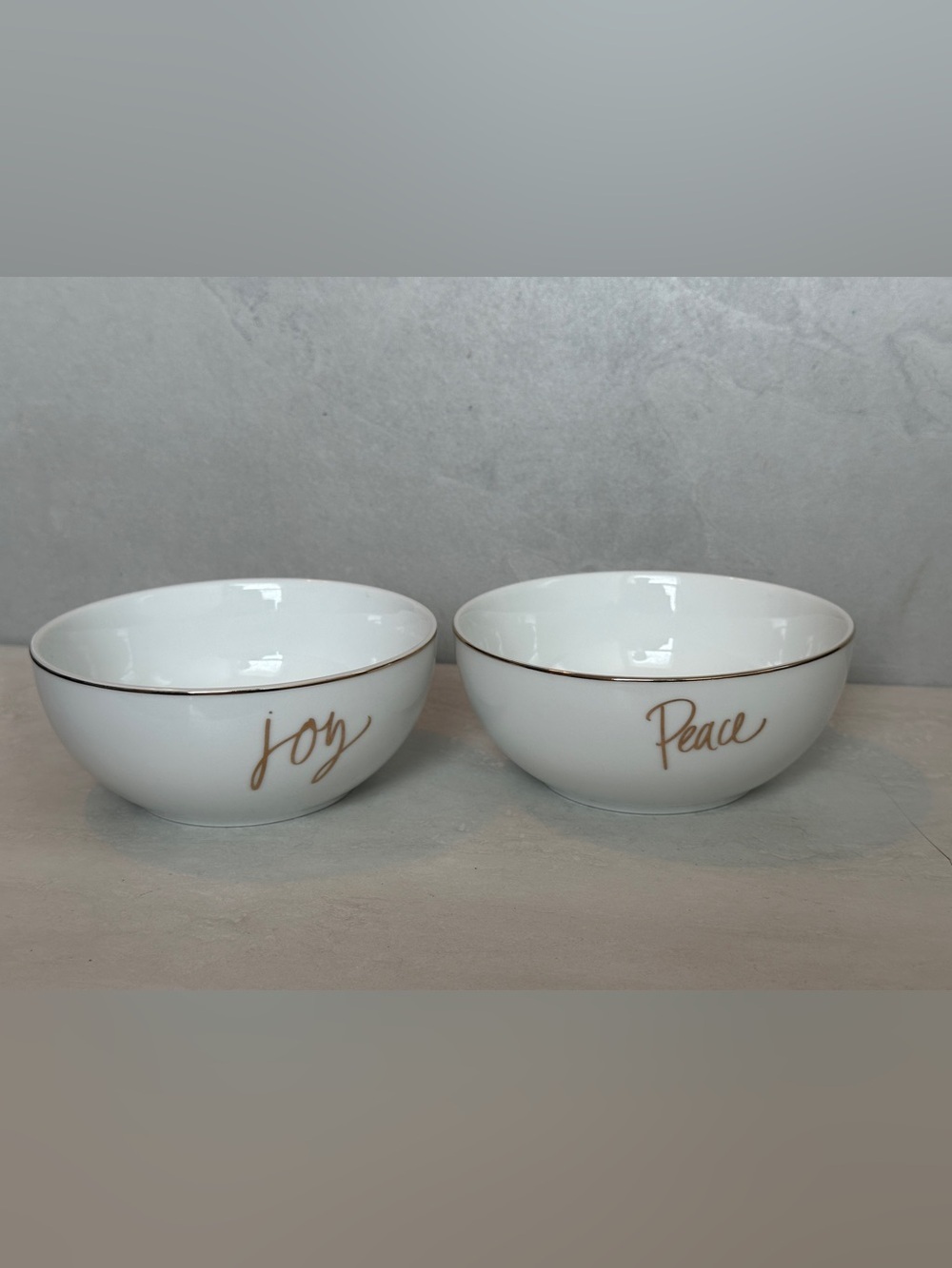 Prima Design Set 2 White Gold Peace & Joy Bowls EUC